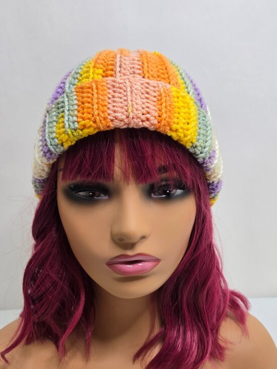 Handmade Crochet Slouchy Beanie, Colorful Patchwork Knit Hat main image 5